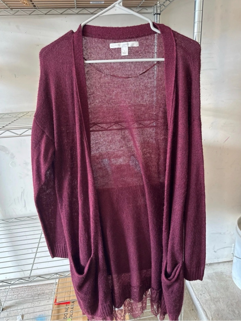 LC Lauren Conrad Burgundy Open-Front Lace-Hem Cardigan